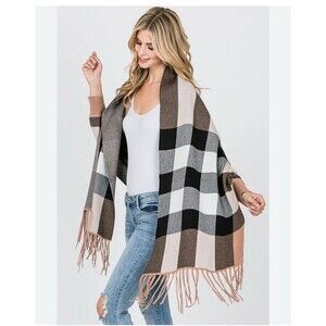 Plaid Knit Wrap Shawl with Fringe, Cuffed Sleeves, Burberry Inspired